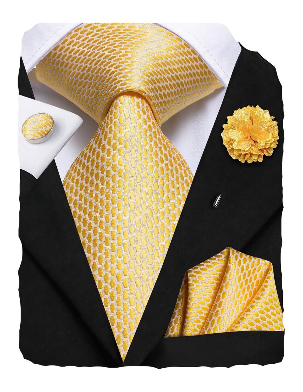 7102 Plaid Gold Ties and Lapel Floral Set Pocket Square Cufflinks Formal